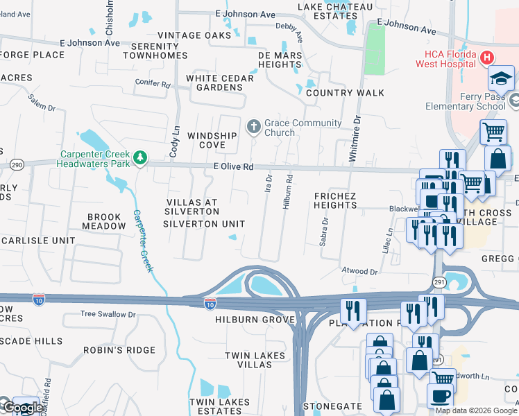 map of restaurants, bars, coffee shops, grocery stores, and more near 7939 Ira Drive in Pensacola