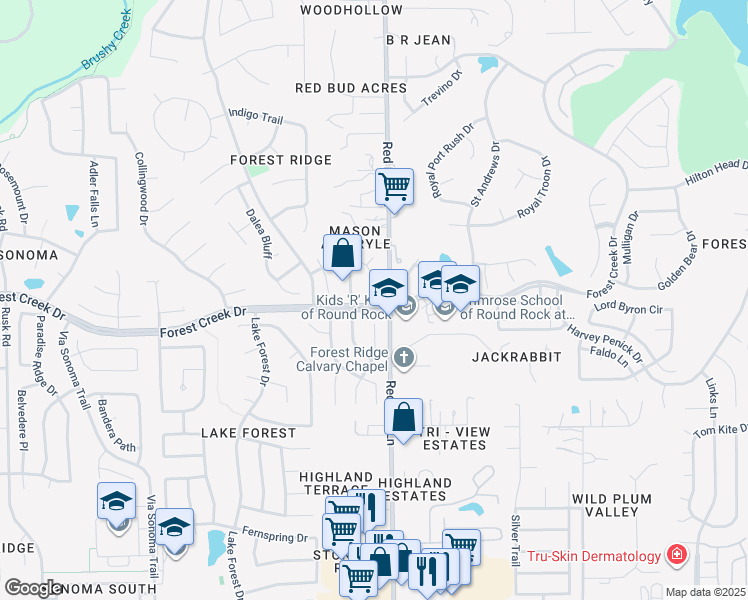 map of restaurants, bars, coffee shops, grocery stores, and more near 3317 Starlight Vista in Round Rock
