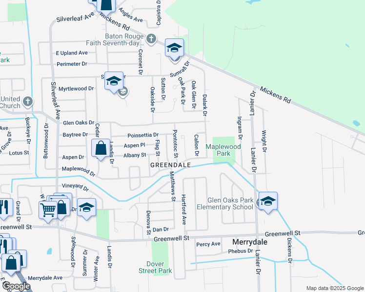 map of restaurants, bars, coffee shops, grocery stores, and more near 6223 East Glen Court in Baton Rouge