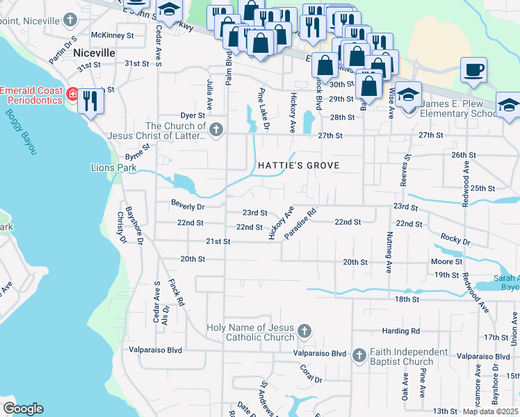 map of restaurants, bars, coffee shops, grocery stores, and more near 315 23rd Street in Niceville
