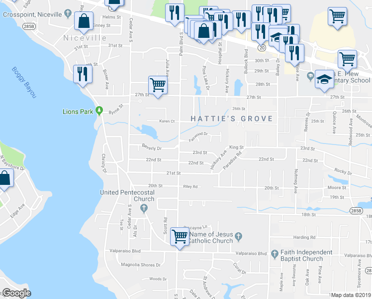 map of restaurants, bars, coffee shops, grocery stores, and more near 303 23rd Street in Niceville