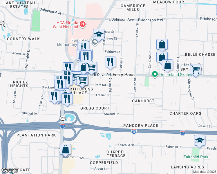 map of restaurants, bars, coffee shops, grocery stores, and more near 7985 Graves Road in Pensacola