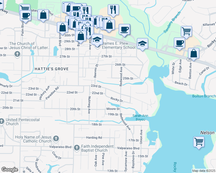 map of restaurants, bars, coffee shops, grocery stores, and more near 1601 23rd Street in Niceville