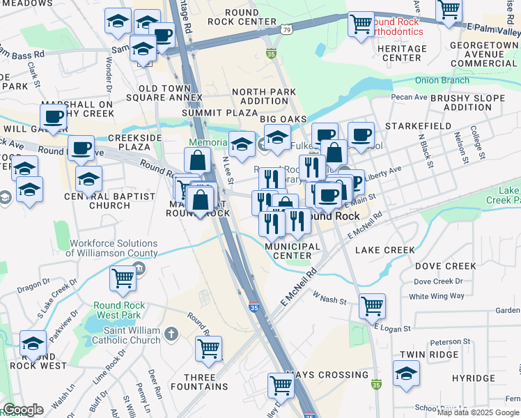 map of restaurants, bars, coffee shops, grocery stores, and more near 410 West Liberty Avenue in Round Rock