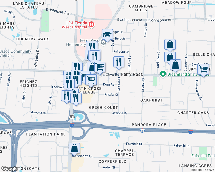 map of restaurants, bars, coffee shops, grocery stores, and more near 2115 Dora Road in Pensacola