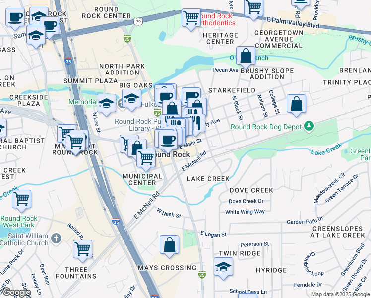 map of restaurants, bars, coffee shops, grocery stores, and more near in Round Rock