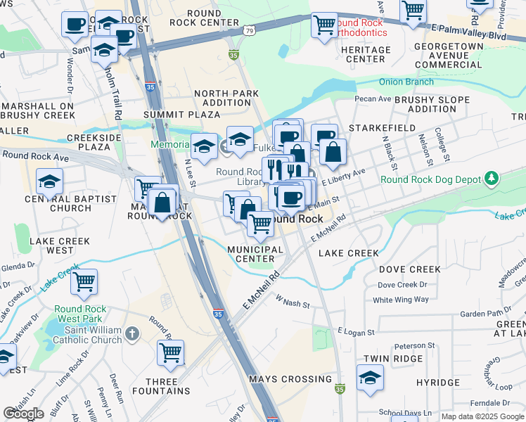 map of restaurants, bars, coffee shops, grocery stores, and more near 108 South Blair Street in Round Rock
