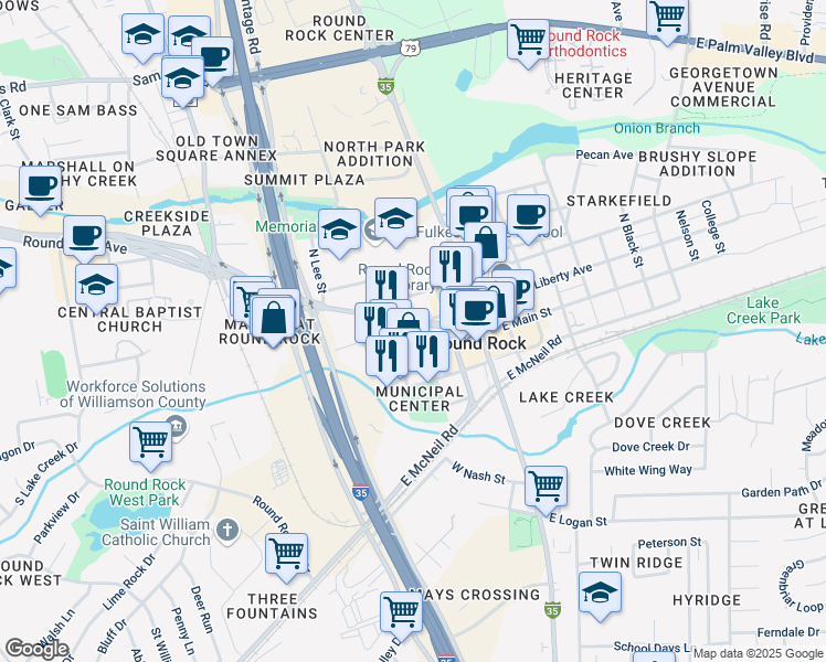 map of restaurants, bars, coffee shops, grocery stores, and more near 303 West Liberty Avenue in Round Rock