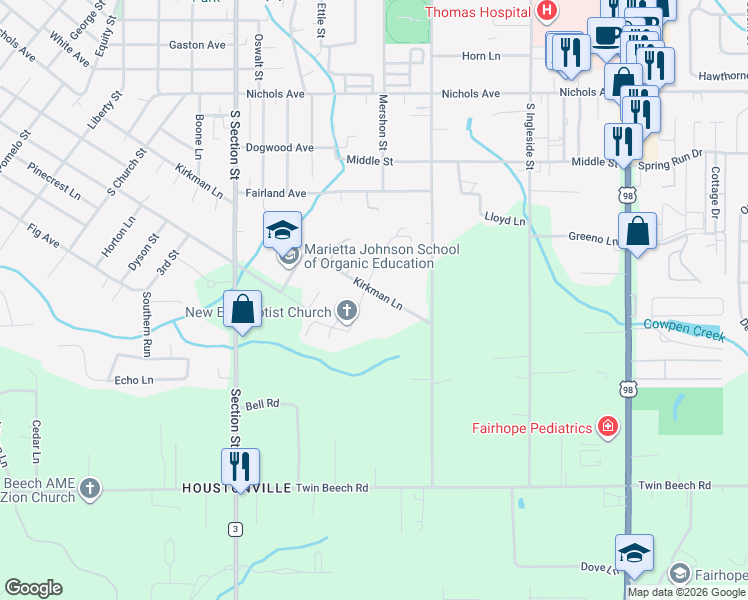 map of restaurants, bars, coffee shops, grocery stores, and more near 7348 Kirkman Lane in Fairhope