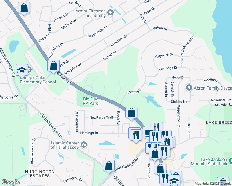 map of restaurants, bars, coffee shops, grocery stores, and more near 2132 Lake Forest Drive in Tallahassee