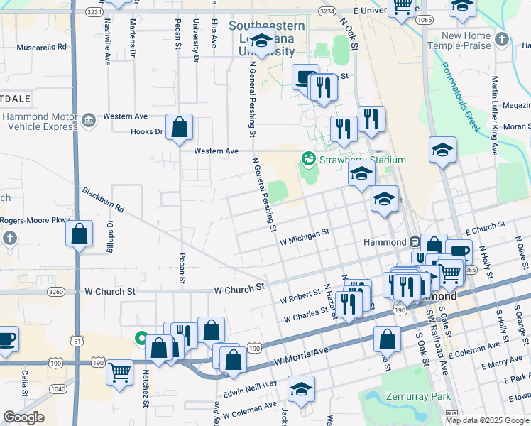 map of restaurants, bars, coffee shops, grocery stores, and more near 801 West Dakota Street in Hammond