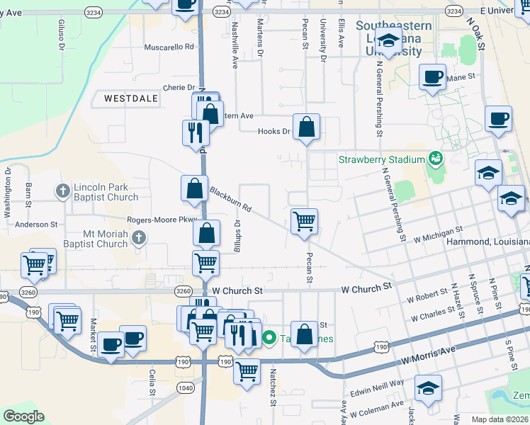 map of restaurants, bars, coffee shops, grocery stores, and more near 103 Alexander Drive in Hammond