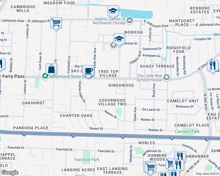 map of restaurants, bars, coffee shops, grocery stores, and more near 3291 E Olive Rd in Pensacola