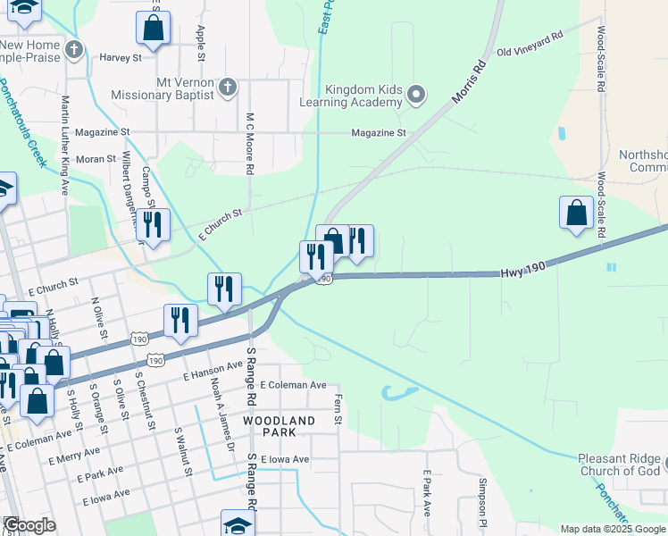 map of restaurants, bars, coffee shops, grocery stores, and more near 1379 U.S. Highway 190 in Hammond