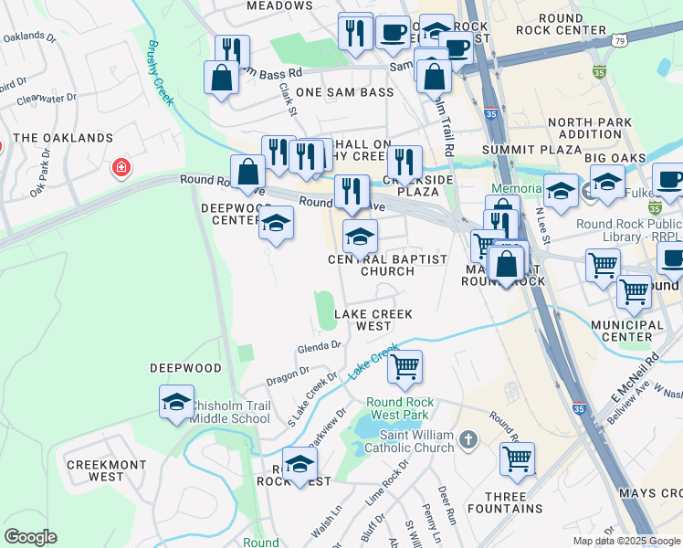 map of restaurants, bars, coffee shops, grocery stores, and more near 300 South Lake Creek Drive in Round Rock