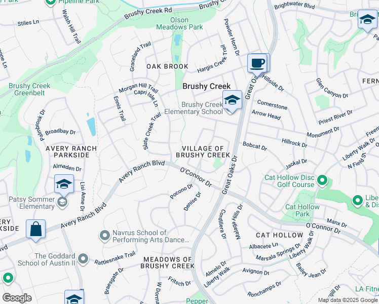 map of restaurants, bars, coffee shops, grocery stores, and more near 16802 Village Oak Loop in Austin