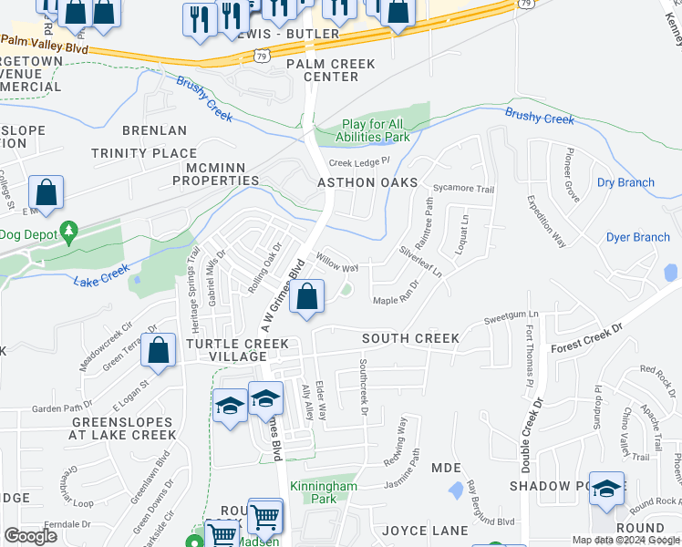 map of restaurants, bars, coffee shops, grocery stores, and more near 841 Tumlinson Fort Way in Round Rock