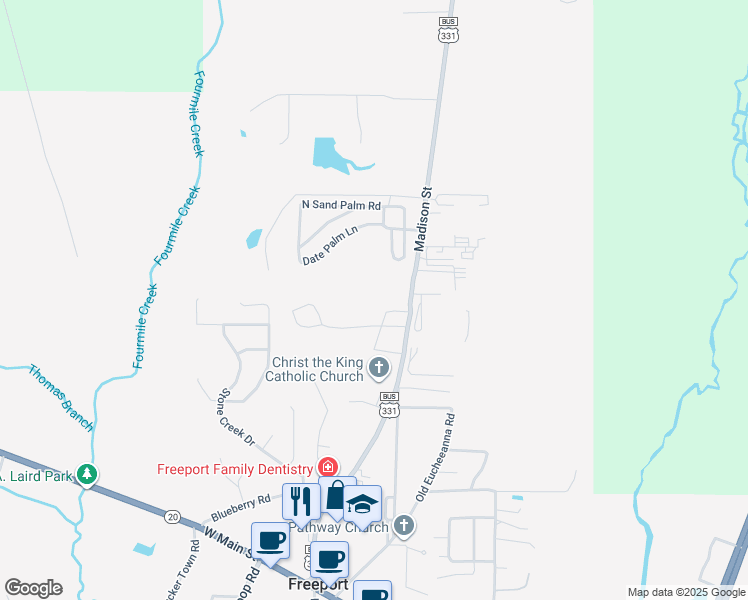map of restaurants, bars, coffee shops, grocery stores, and more near 15284 U.S. 331 Business in Freeport