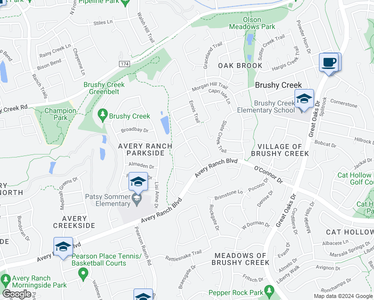 map of restaurants, bars, coffee shops, grocery stores, and more near 9404 Billingham Trail in Austin