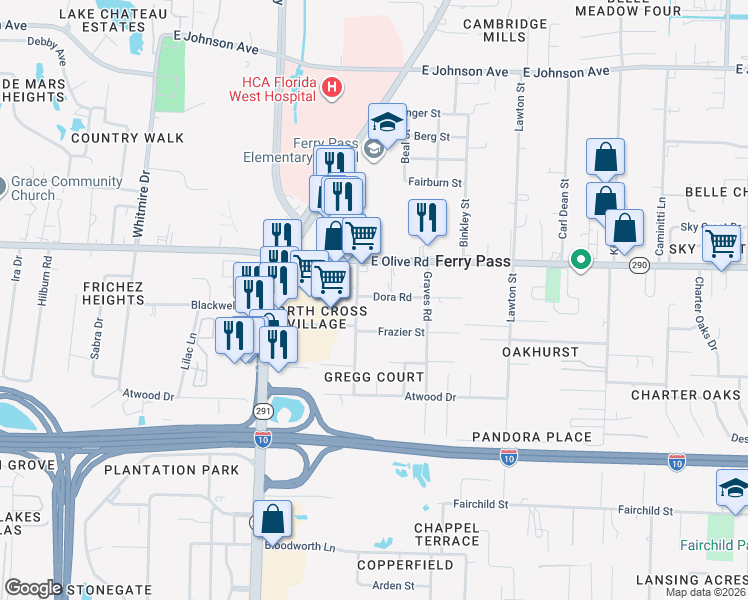 map of restaurants, bars, coffee shops, grocery stores, and more near 2109 Dora Road in Pensacola