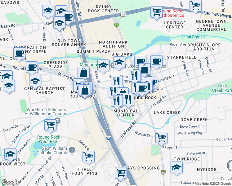 map of restaurants, bars, coffee shops, grocery stores, and more near 410 West Liberty Avenue in Round Rock