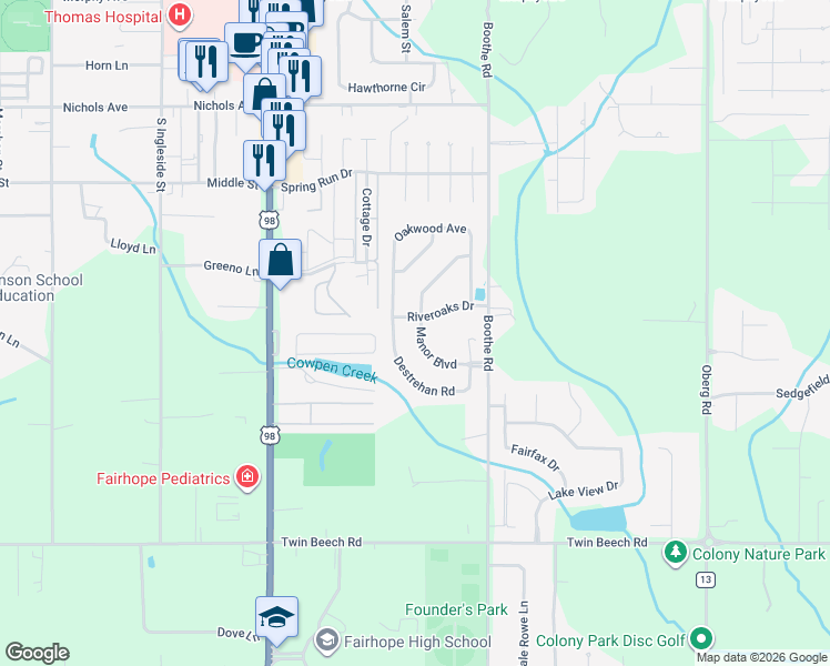 map of restaurants, bars, coffee shops, grocery stores, and more near 219 Riveroaks Drive in Fairhope