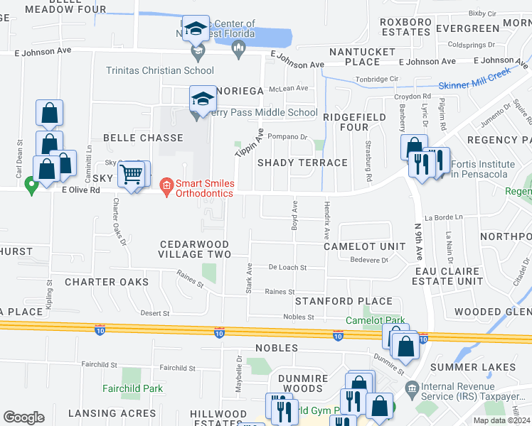 map of restaurants, bars, coffee shops, grocery stores, and more near 8022 Stark Avenue in Pensacola