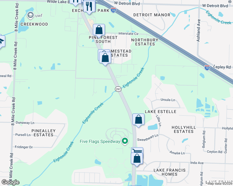 map of restaurants, bars, coffee shops, grocery stores, and more near 7791 Pine Forest Road in Pensacola
