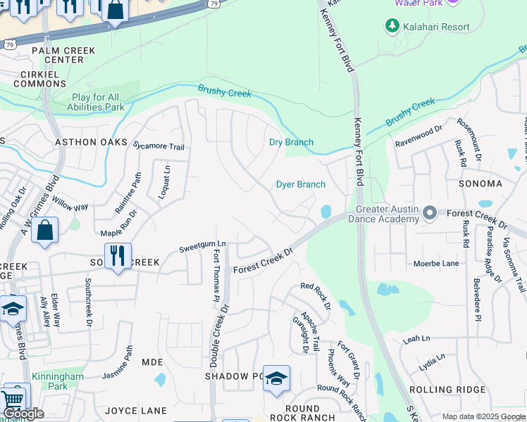 map of restaurants, bars, coffee shops, grocery stores, and more near 441 Grey Feather Court in Round Rock