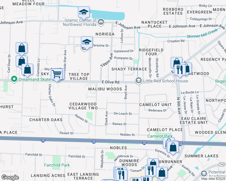 map of restaurants, bars, coffee shops, grocery stores, and more near 3525 Beagles Street in Pensacola
