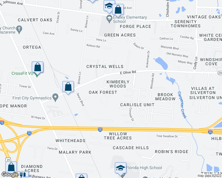 map of restaurants, bars, coffee shops, grocery stores, and more near 7804 Oak Forest Drive in Pensacola