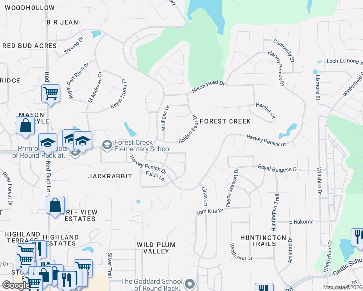 map of restaurants, bars, coffee shops, grocery stores, and more near 3935 Lord Byron Circle in Round Rock
