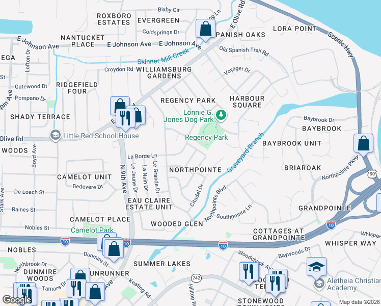 map of restaurants, bars, coffee shops, grocery stores, and more near 4620 Centerpointe Drive in Pensacola