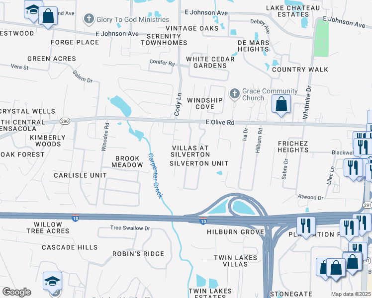 map of restaurants, bars, coffee shops, grocery stores, and more near 7997 Stonebrook Drive in Pensacola