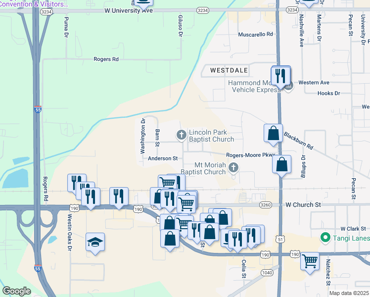 map of restaurants, bars, coffee shops, grocery stores, and more near 2612 Rogers-Moore Parkway in Hammond