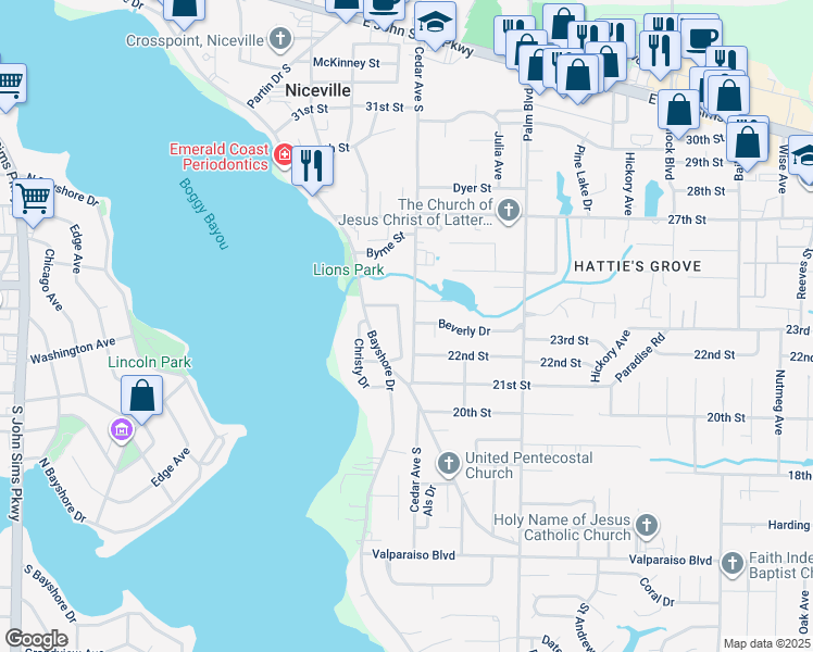 map of restaurants, bars, coffee shops, grocery stores, and more near 1015 Judith Avenue in Niceville