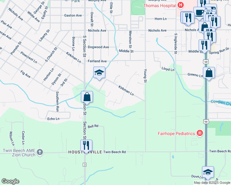 map of restaurants, bars, coffee shops, grocery stores, and more near 471 Pecan Avenue in Fairhope