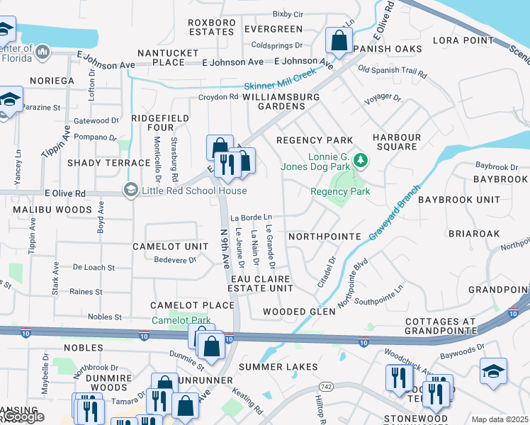 map of restaurants, bars, coffee shops, grocery stores, and more near 4290 La Borde Lane in Pensacola