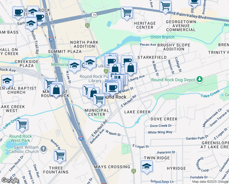 map of restaurants, bars, coffee shops, grocery stores, and more near 103 East Main Street in Round Rock