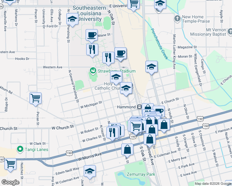 map of restaurants, bars, coffee shops, grocery stores, and more near 601 North Magnolia Street in Hammond