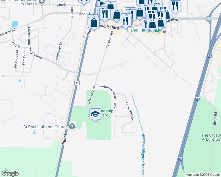 map of restaurants, bars, coffee shops, grocery stores, and more near Jefferson Davis Parkway in Picayune