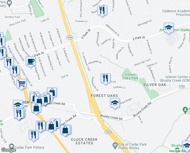 map of restaurants, bars, coffee shops, grocery stores, and more near 418 South Lynnwood Trail in Cedar Park
