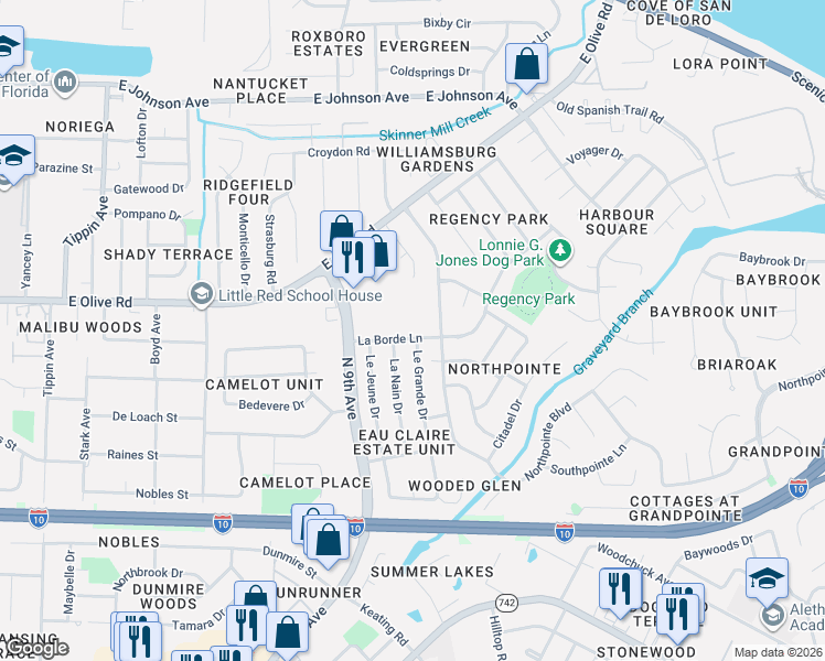 map of restaurants, bars, coffee shops, grocery stores, and more near 4305 La Borde Lane in Pensacola