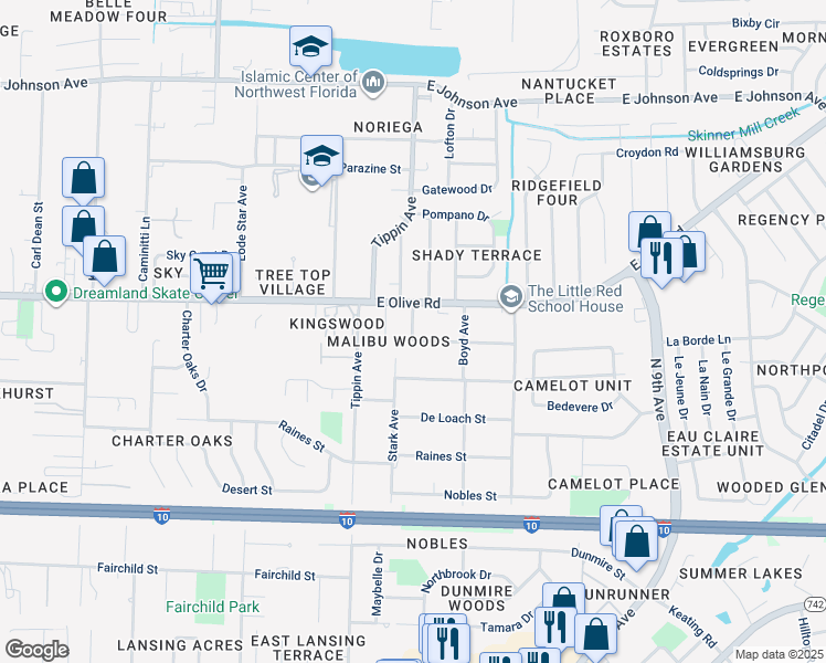 map of restaurants, bars, coffee shops, grocery stores, and more near 3525 Beagles Street in Pensacola