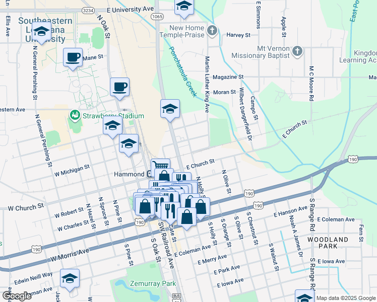 map of restaurants, bars, coffee shops, grocery stores, and more near 410 North Cherry Street in Hammond