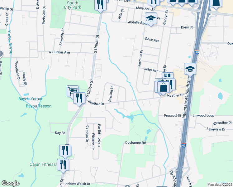 map of restaurants, bars, coffee shops, grocery stores, and more near 2301-2499 Cinnamon Ln in Opelousas