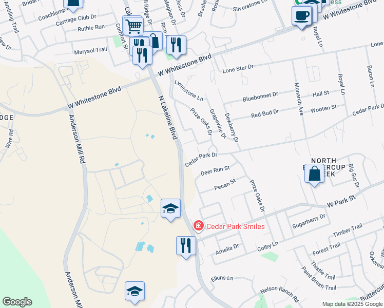 map of restaurants, bars, coffee shops, grocery stores, and more near 1507 Cedar Park Drive in Cedar Park