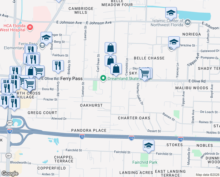 map of restaurants, bars, coffee shops, grocery stores, and more near 7971 Kipling Street in Pensacola