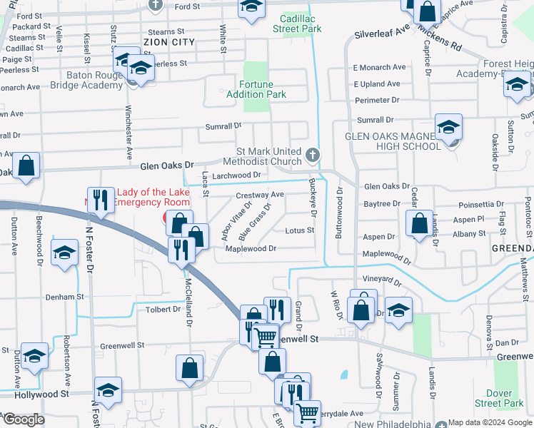 map of restaurants, bars, coffee shops, grocery stores, and more near 6422 Blue Grass Drive in Baton Rouge