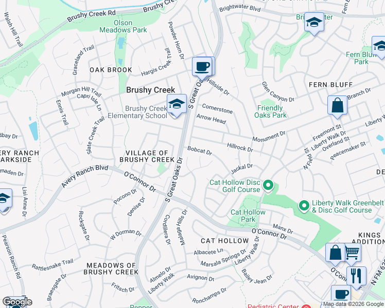 map of restaurants, bars, coffee shops, grocery stores, and more near 16905 Stray Cove in Round Rock